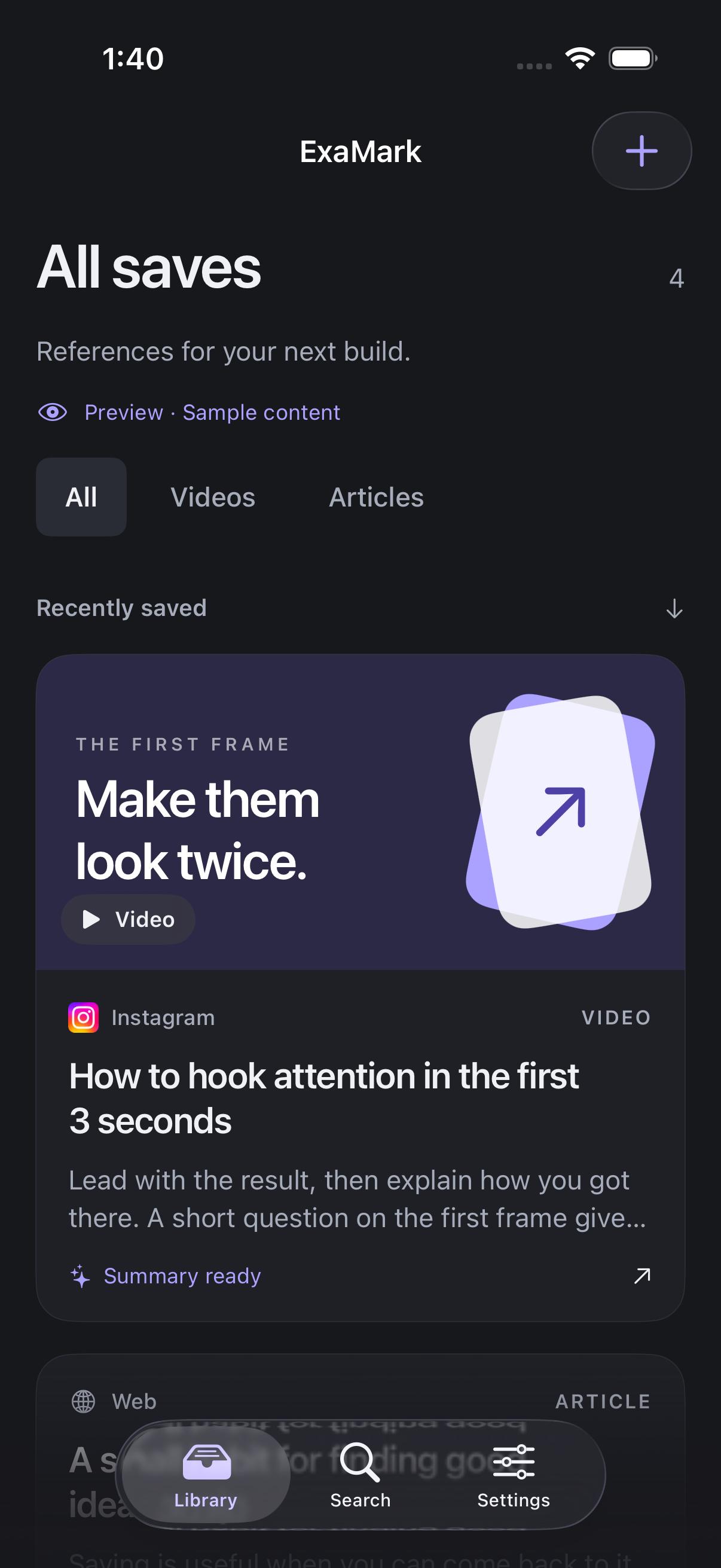 ExaMark's native iPhone library showing clearly labeled sample videos and articles